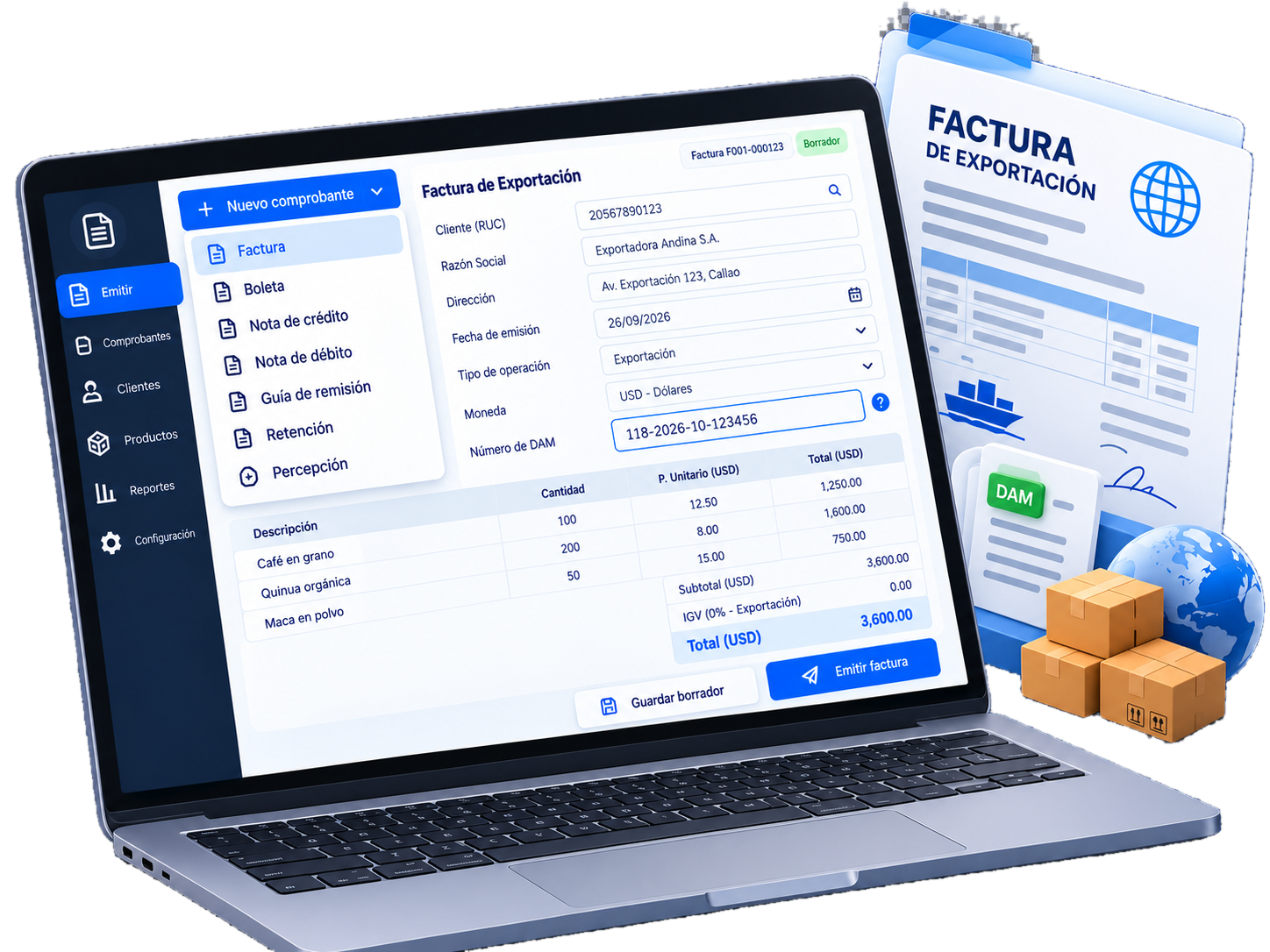 Menú de INCAFACT con todos los tipos de comprobante y una factura de exportación con número de DAM