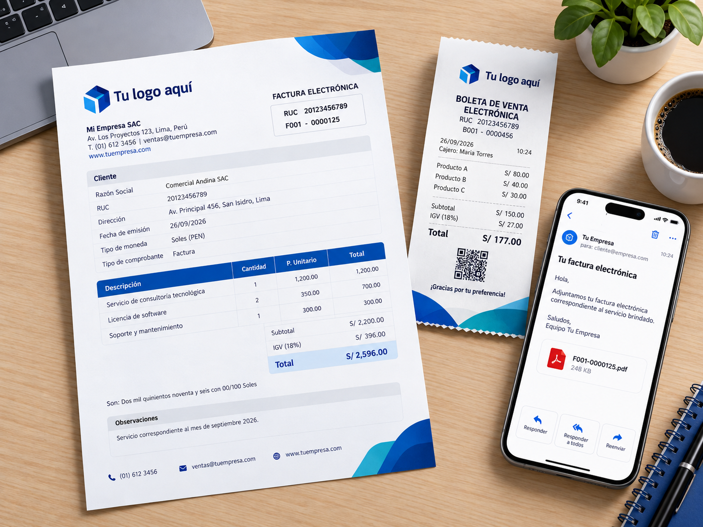 Factura A4, ticket y correo con PDF, todos con el formato de la empresa