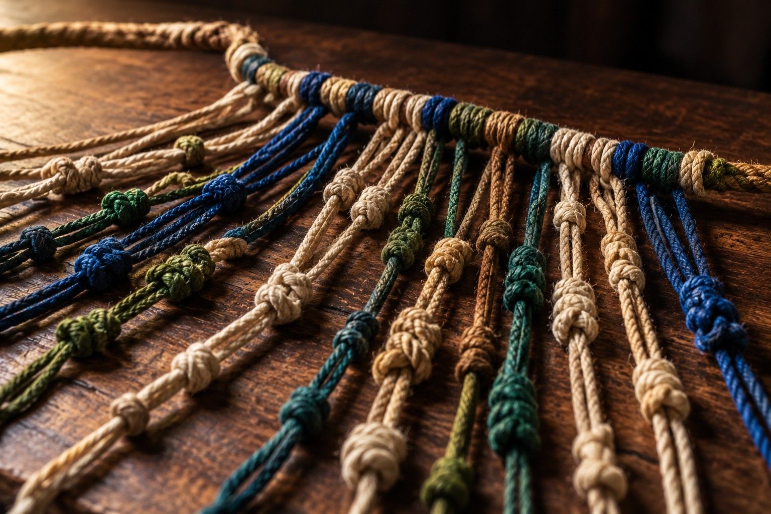 Quipu de cordones de algodón con nudos, el registro contable inca