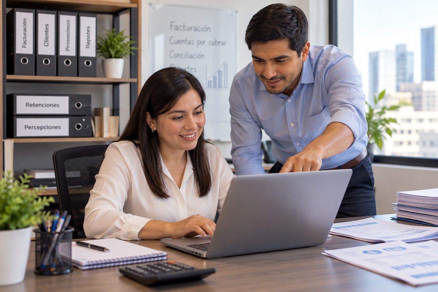 Dos personas de una empresa revisan una factura en la laptop de la oficina